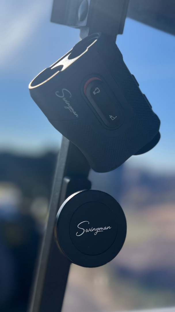 Cart mount with Swingman branding attached to a cart's interior.